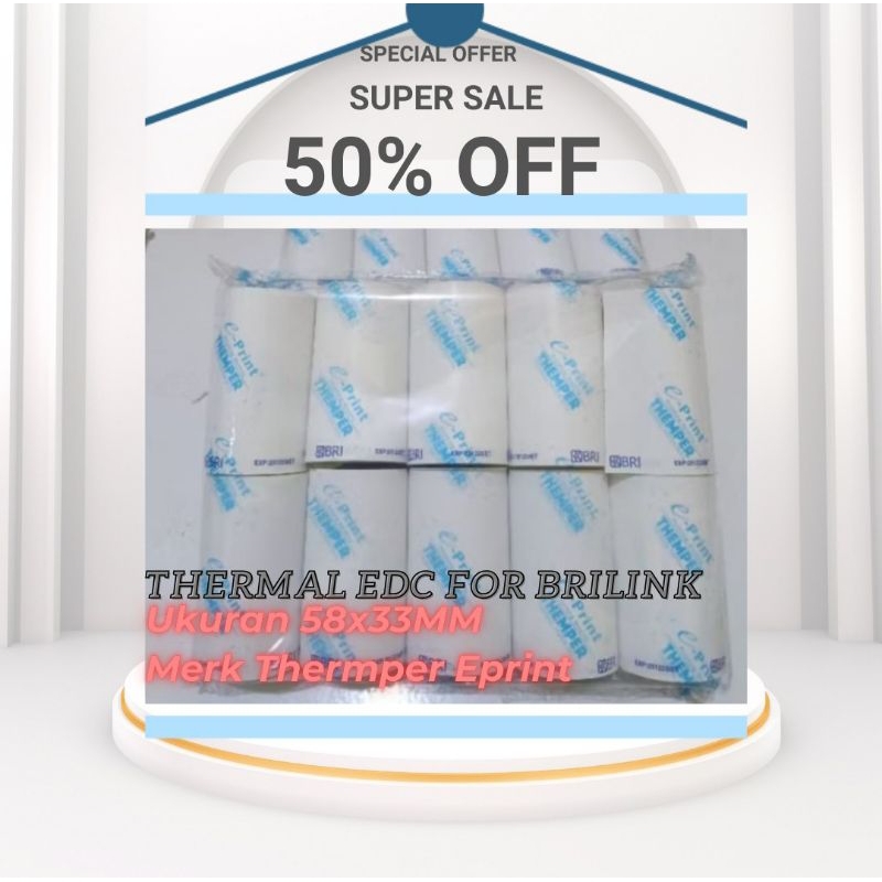 

AT KERTAS THERMAL LOGO BRI 58x12meter 1 Dus ISI 100 ROLL Merk Eprint Themper, Go Print, PMM Otani