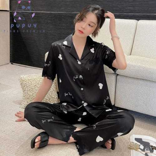 Baju Tidur Sutra Lembut Adem Piyama Premium Motif Love Hitam Lengan Pendek Celana Panjang Baju Tidur