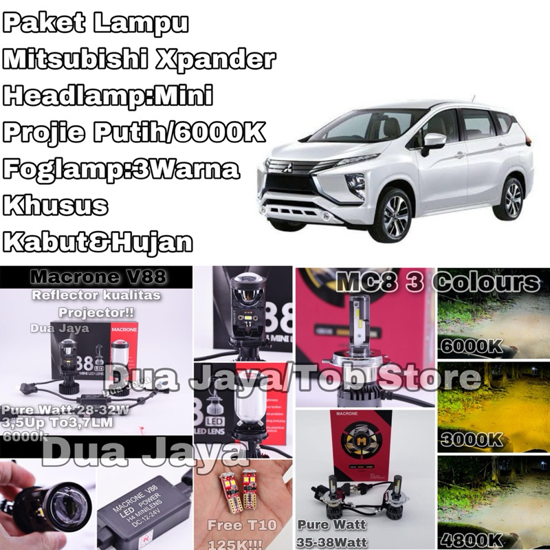 PAKET LAMPU MITSUBISHI XPANDER HEADLAMP MINI PROJIE PROJECTOR MACRONE FOGLAMP MC8 3WARNA SOLUSI KABU