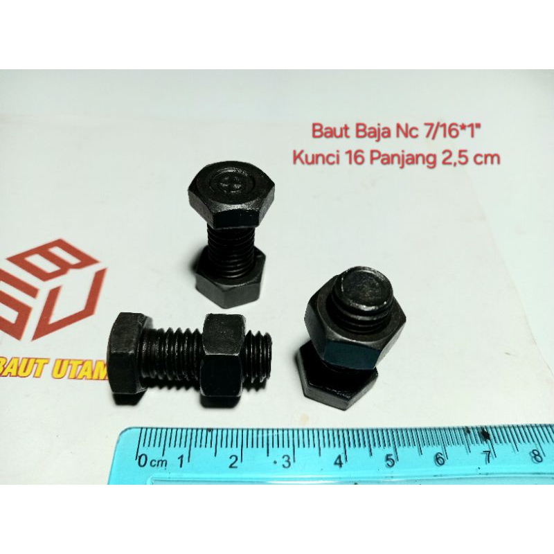 Baut Mur Baja Nc 7/16*1 inchi (2,5 cm) Hitam Kunci 16