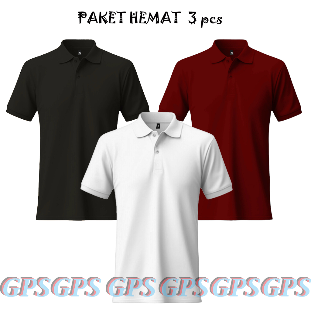 GPS | Paket Hemat 3 pcs | Polo Shirt Lengan Pendek | Kaos Polos Kerah Wangki | Kaos Seragaman