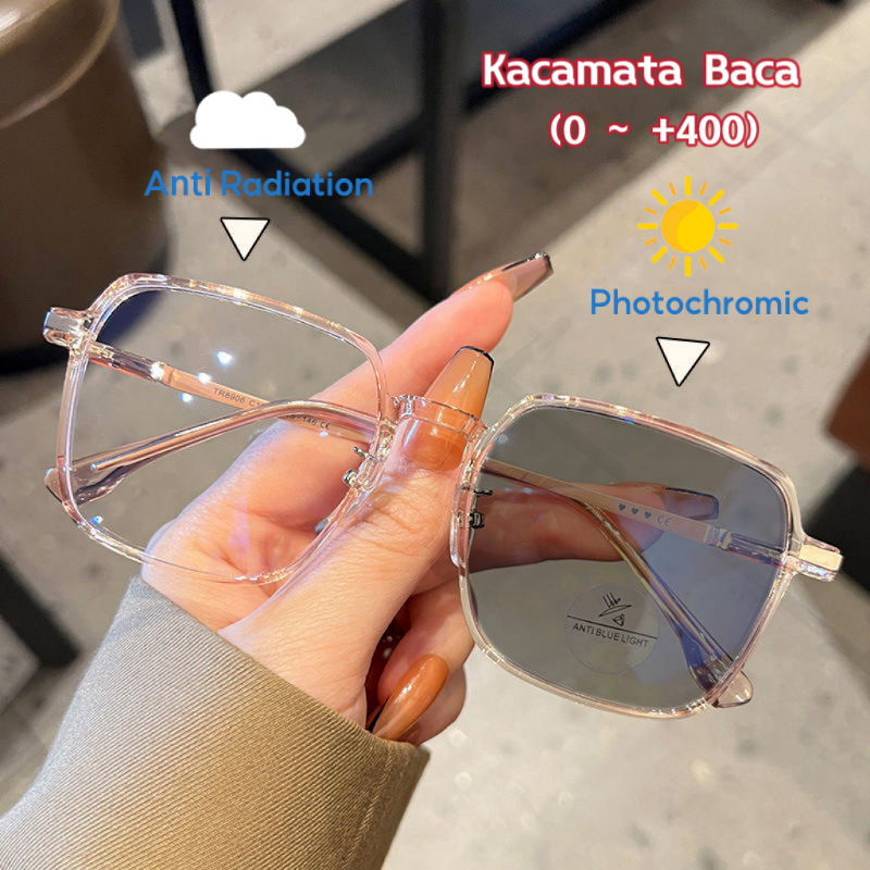 Kacamata Baca Photocromic 0~+400° Anti Radiasi Untuk Pria Dan Wanita Kacamata Bingkai Persegi
