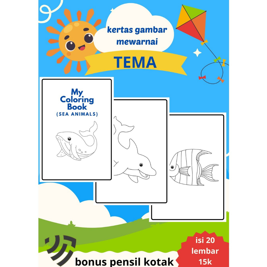 

kertas gambar mewarnai tema sea animal bonus pensil kotak