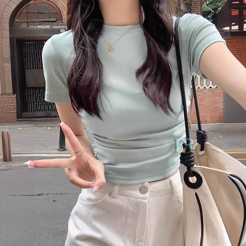 LNR Shop Atasan Kaos Lengan Pendek Dengan Serut Bagian Samping Bahan Cotton 40S Crop Top Korean Styl