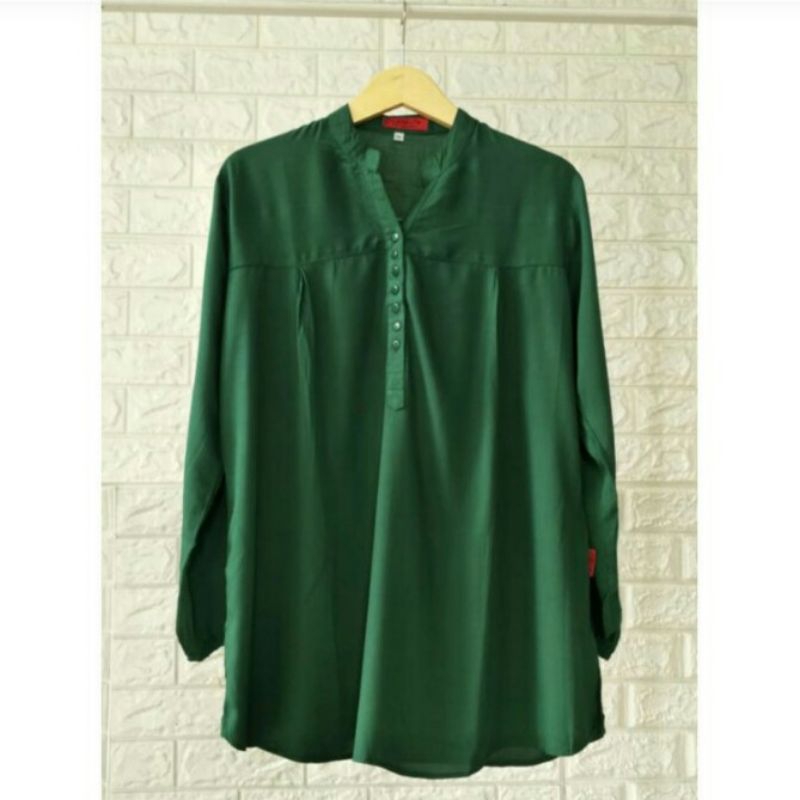 BLOUSE HIJAU BOTOL POLOS-BLUS RAYON-ATASAN JUMBO-PAKAIAN WANITA-LENGAN PANJANG