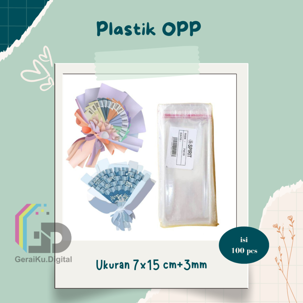 

Plastik OPP Kaca Bening Lem Perekat uk 7x15 (ISI 100 Lembar) / pas untuk buket uang dll