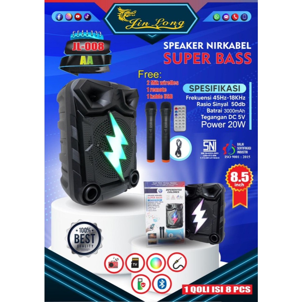 Jin Long Speaker Portable Bluetooth Super Bass Karaoke Bonus 2 Mic Wireless & Remote Controller JL-0