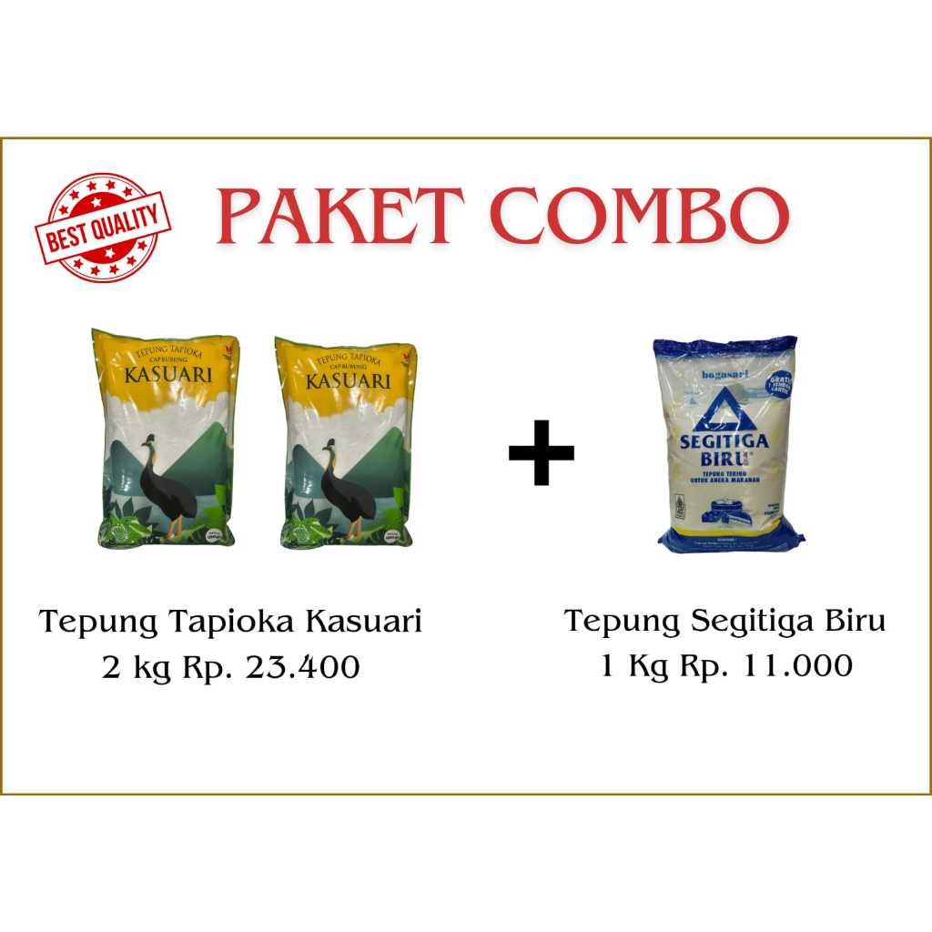 

Combo Tepung Tapioka Kasuari 2 kg + Tepung Terigu Segitiga Biru 1 kg - 1 paket
