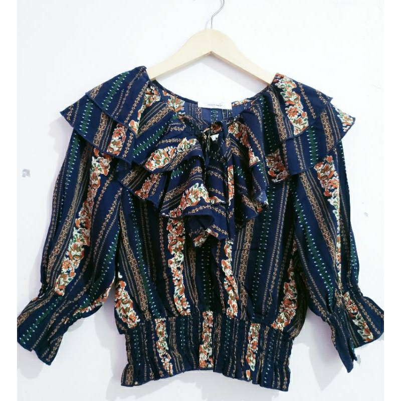 (NEW WITH TAG) BLOUSE CROP BUNGA SAILOR RUFFLE SMOCKED ETNIC PUFF SLEEVE KOREA ORIGINAL