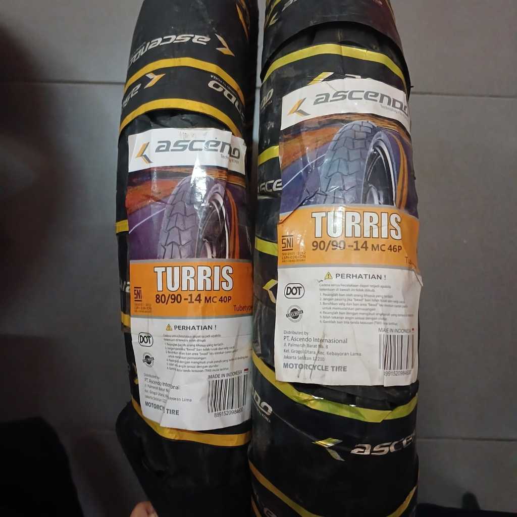 PAKET BAN DEPAN BELAKANG ASCENDO TURRIS NON TUBLES UK. 80/90-14 DAN 90/90-14 UNTUK MOTOR MIO J, SOUL