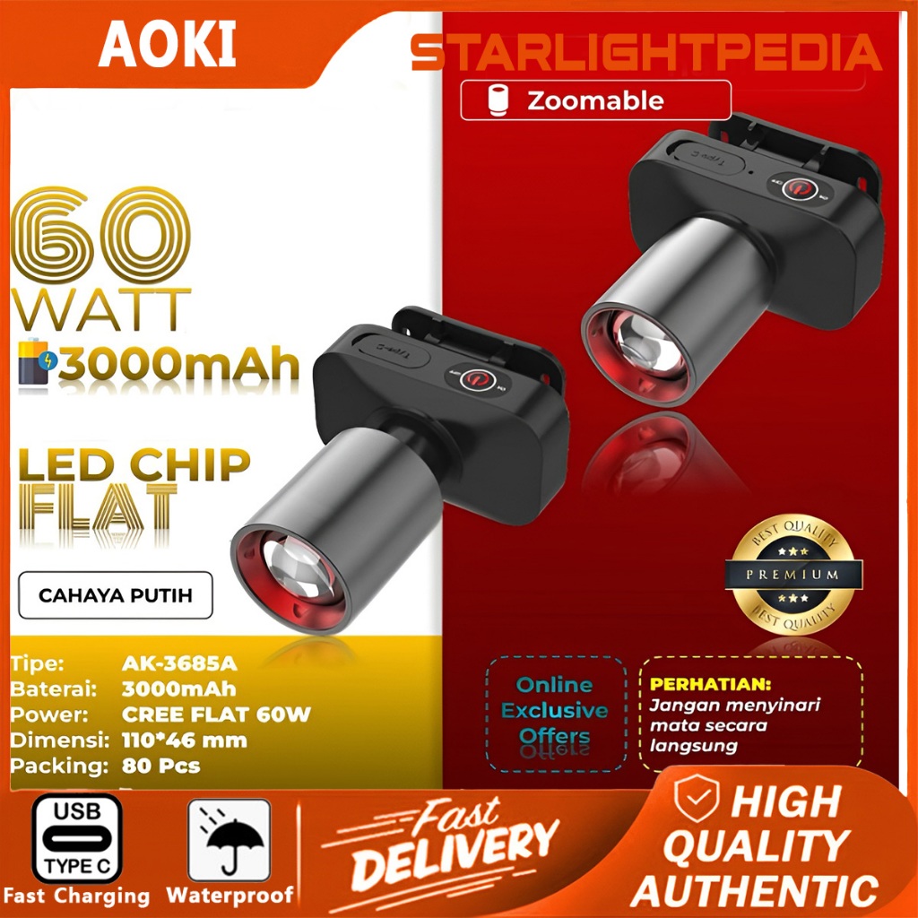 Senter Kepala LED Aoki Cahaya Putih Kuning