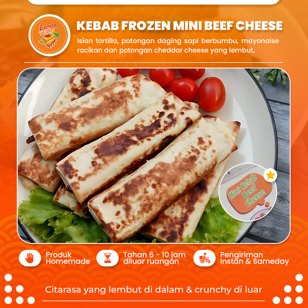 

Kebab Mini Beef Cheese Frozen Isian Tortilla Potongan Daging Sapi Mayonaise Cheddar Cheese Isi 10Pcs