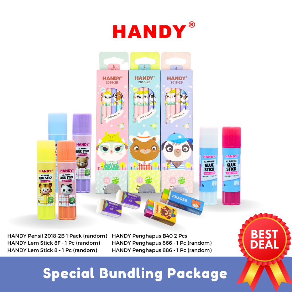 

HANDY Paket Alat Tulis 202407B Pensil 2018-2B + Penghapus B40 + 866+886+ Lem Stick 8f + Lem Stick 8g