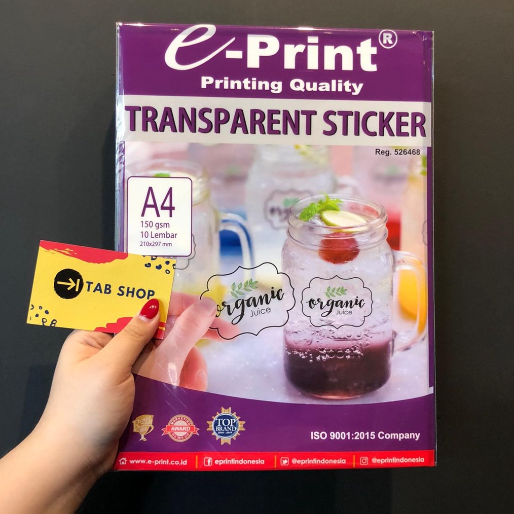 

TAB SHOP EPRINT KERTAS STIKER TRANSPARAN A4 15 GSM EPRINT TRANSPARENT STICKER A4 15 GSM 1 LEMBAR KODE L2R1