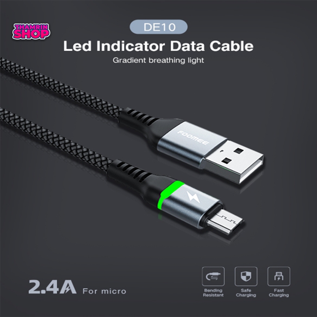 Foomee DE10 Kabel Data Micro 2.4A MAX 1M Colorful Light Effect SR Extended Protection Data (HITAM)