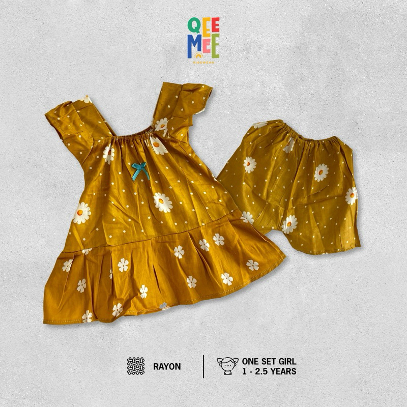 ONE SET ANAK PEREMPUAN DASTER ANAK BAJU MAIN RAYON MOTIF DAISY KUNYIT