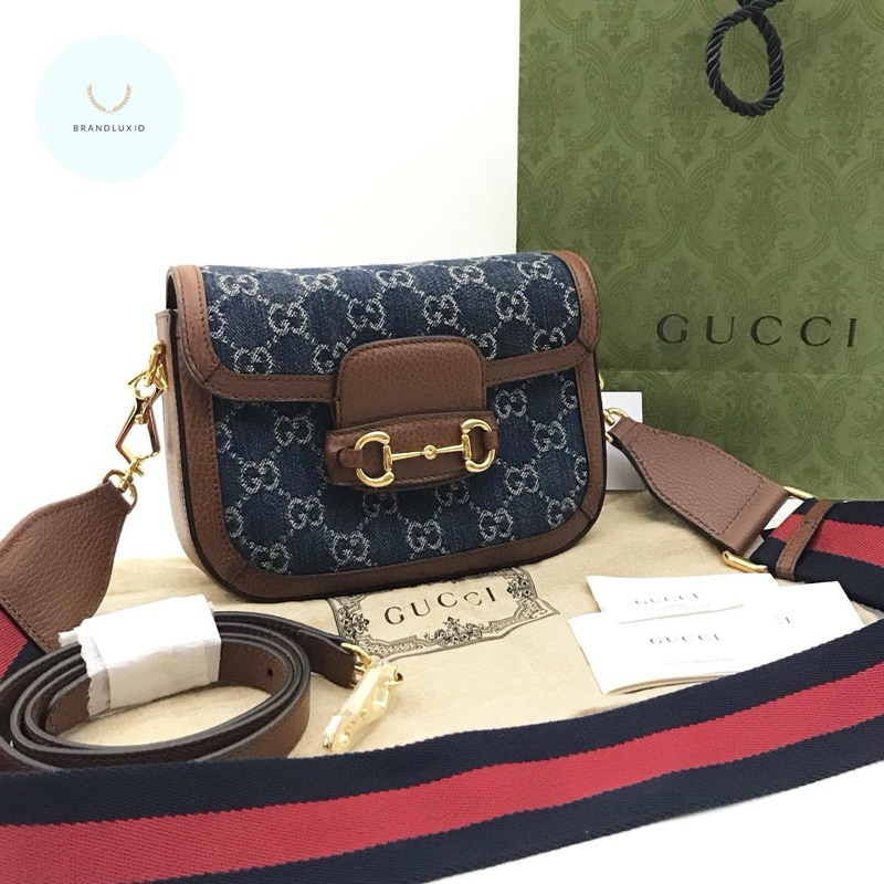Gucci Horsebit Jacquard Denim jeans GG small with 2 strap (leather & stripe wide strap)