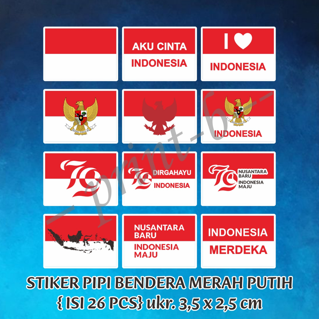 

STIKER PIPI BENDERA MERAH PUTIH { ISI 26 PCS} ukr. 3,5 x 2,5 cm