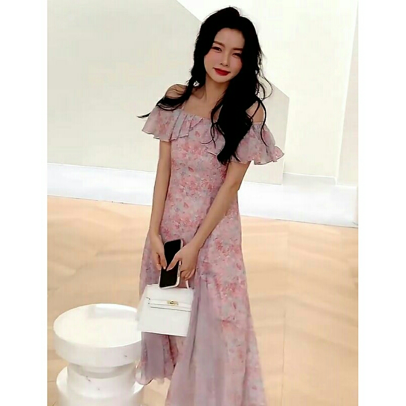 Newlan QZ047 loral dress wanita baru Perancis lengan panjang gaun V-neck mid-length sifon bunga mode