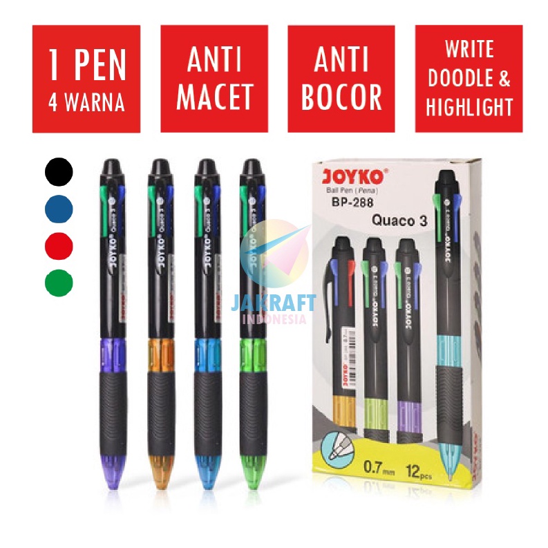 

MURRRMERRR 1 Pcs Pulpen Ballpoint 4 Warna in 1 Pen JOYKO BP288 QUACO 3 Tebal 7 mm Berkualitas Seperti BIC