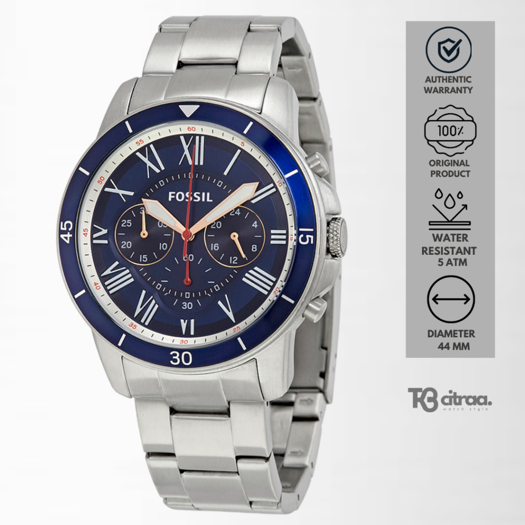 jam tangan fashion pria Fossil Grant Sport Men analog strap rantai cowok Chronograph Blue Dial Stain