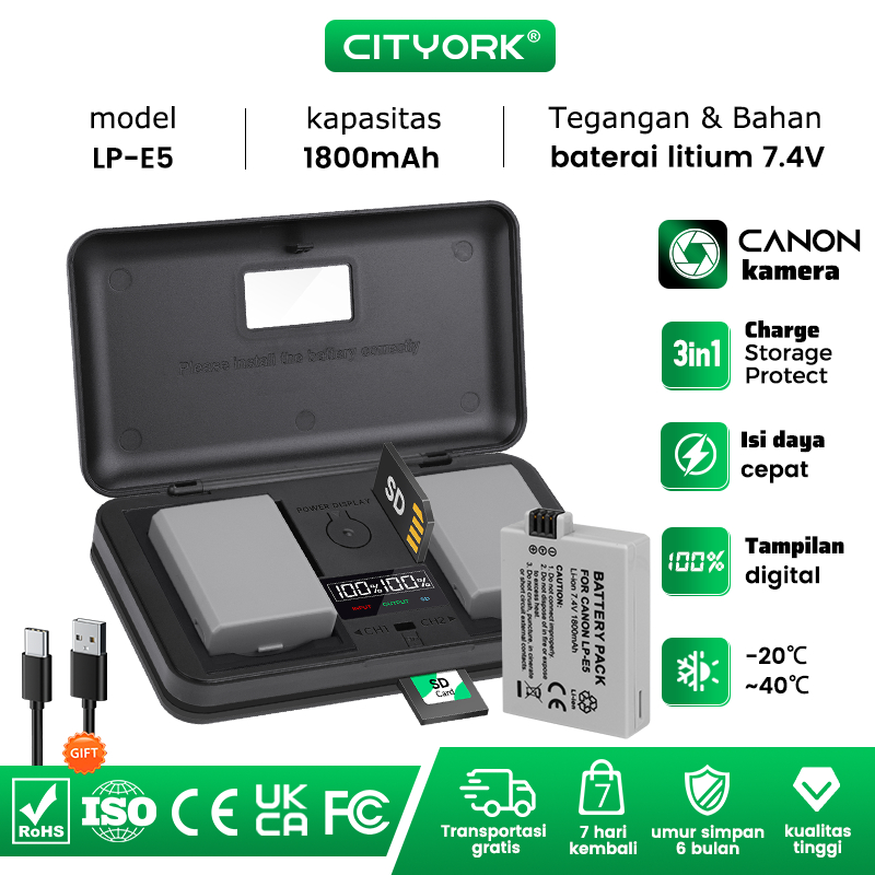 Cityork Baterai Kamera 1800mAh LPE5 LP E5 LP-E5 + 3in1 Pengisi Daya USB Ganda LCD untuk Canon EOS Re