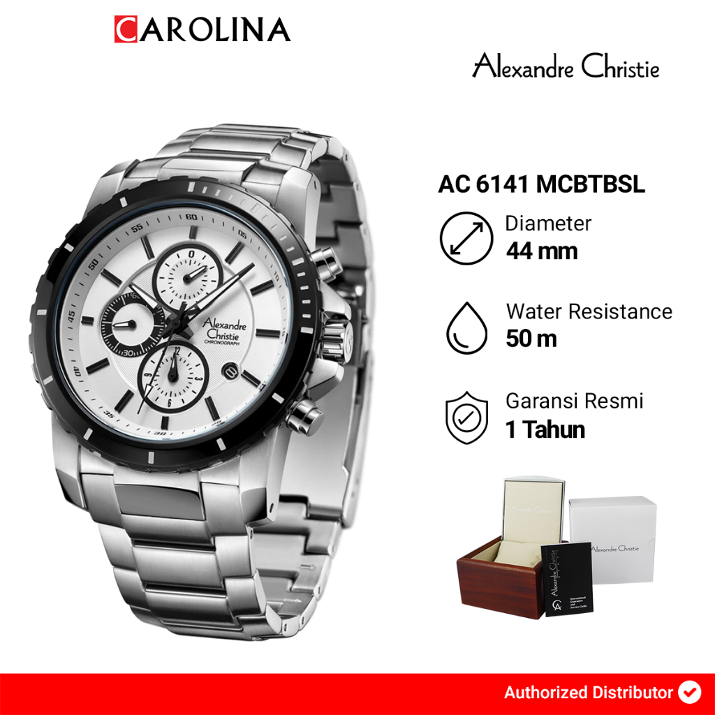 Jam Tangan Pria Alexandre Christie Chronogaph AC 6141 MCBTBSL Sport White Dial Stainless Steel Strap