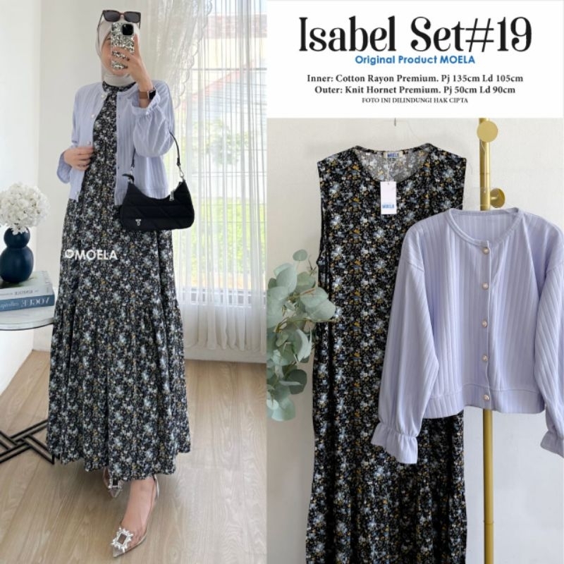 ISABEL SET ORIGINAL MOELA // GAMIS KUTUNG MOTIF BUNGA PLUS OUTER CARDIGAN POLOS MODEL KEKINIAN BEST 
