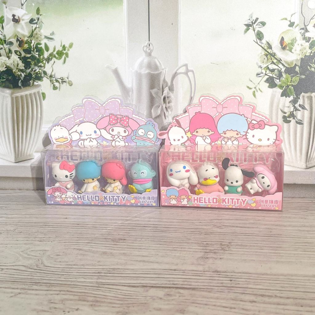 

3D Rubber Eraser/Set 4 Penghapus Karet Box Mika Mewah Miniature Kartun Jepang Cute Kucing Sanrio Hello Kitty My Melody Cinnamoroll