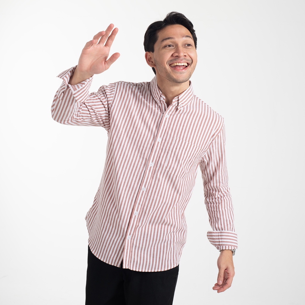 Kemeja Pria Garis WOODCUTTER Basic Butcher Stripe - Terracota Lengan Panjang