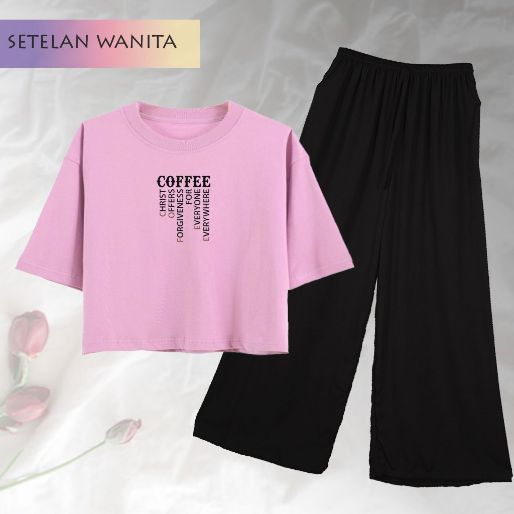 One Set Crop COFFEE Setelan Atasan Crop Kombinasi Celana Kulot Bisa COD Remaja Wanita Korea Style