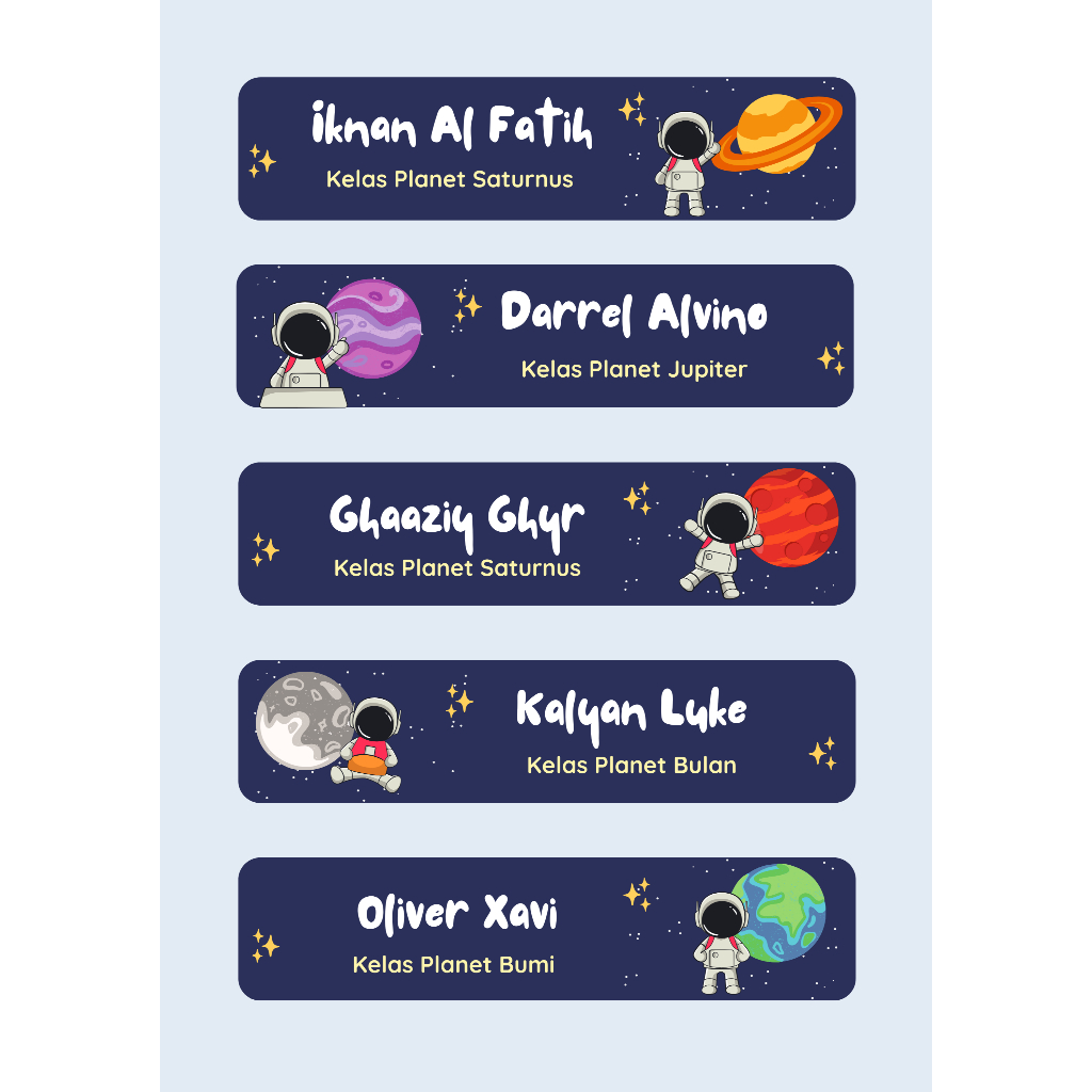 

Stiker Tempel Waterproof Label Nama Buku Anak Karakter Astronot Luar Angkasa A4