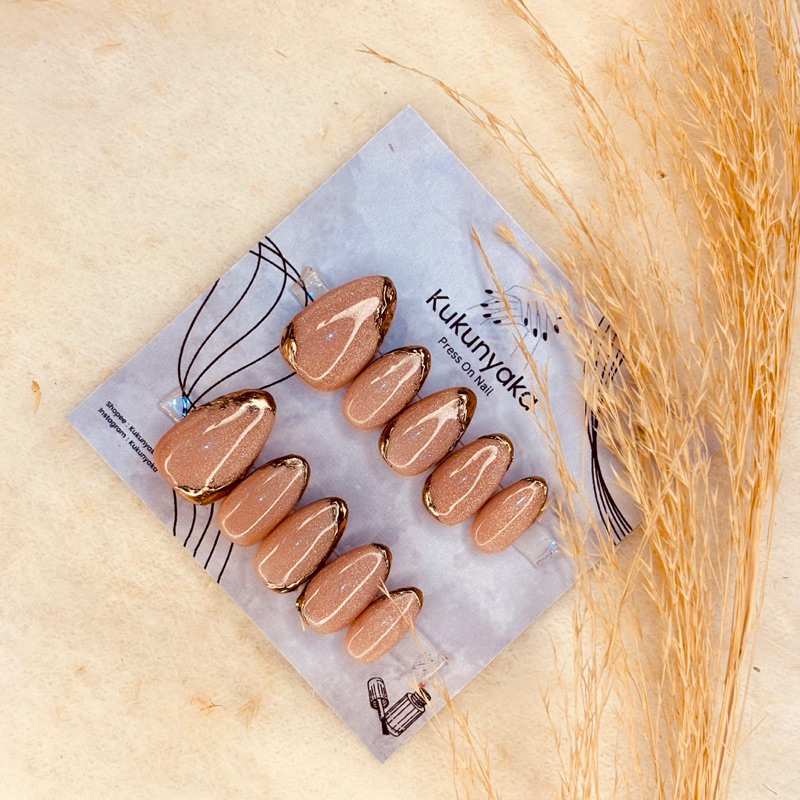 Press On Nails Nude Cat Eye Mix Gold Chrome/ Kuku Palsu Nude Cat Eye Mix Gold Chrome