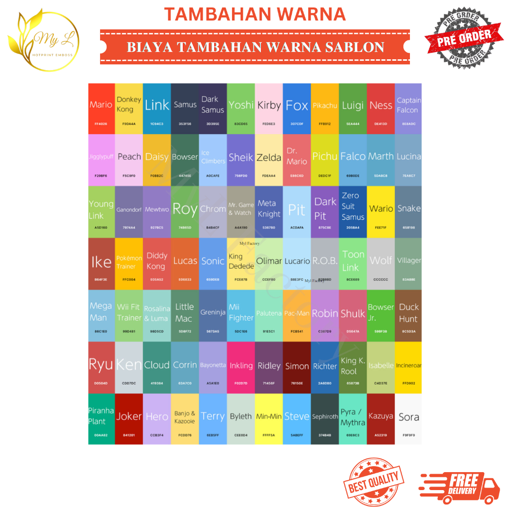

My.L CUSTOM - BIAYA TAMBAHAN WARNA TINTA SABLON WARNA ATAU LEBIH MAP / PLASTIK SABLON
