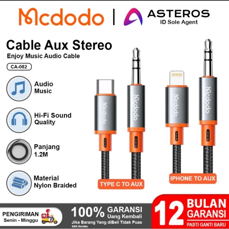 MCDODO Kabel Aux Type C / iPhone To Jack 3.5mm Premium Nylon Braided Audio Stereo CA-0820 CA-0780