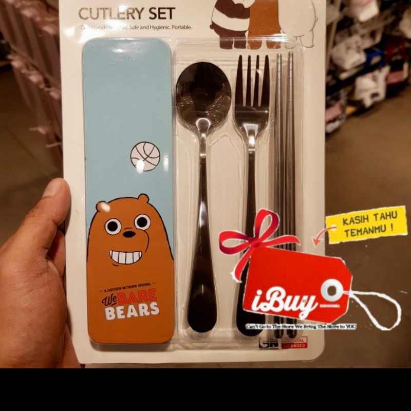 iBuy Miniso We Bare Bears Grizzly Sendok Garpu Sumpit Cutlery Set And Hardcase besi