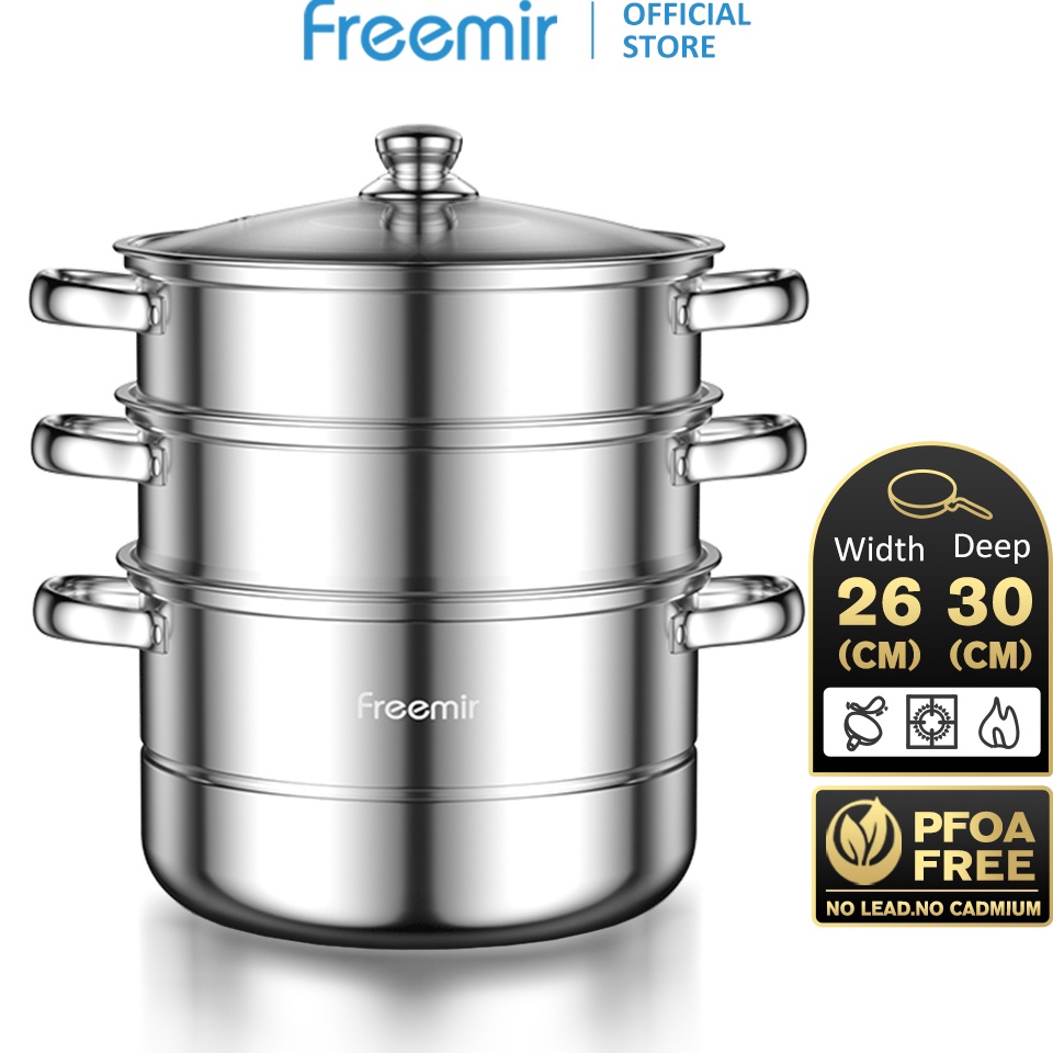 Special Pr freemir Panci Kukus 3 Susun Tutup Kaca Kukusan Stainless Steel Tebal Steamer Pot