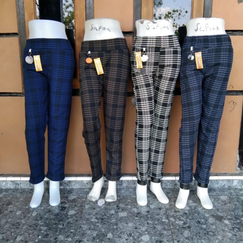 Celana tartan motif kotak/ Celana wanita kotak kotak/  Baggy pant kotak/ Kain import