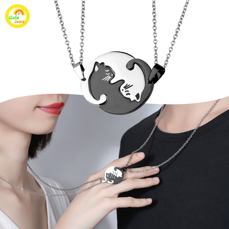 Kalung Titanium Hijab Couple Pria Wanita Kalung Couple Kombinasi Kucing Black And White Cat Liontin 