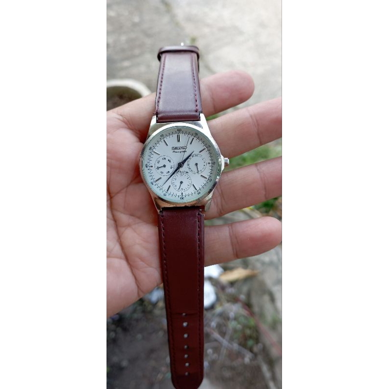 jam tangan wanita seiko chronograph klasik vintage silver water resist strap kulit