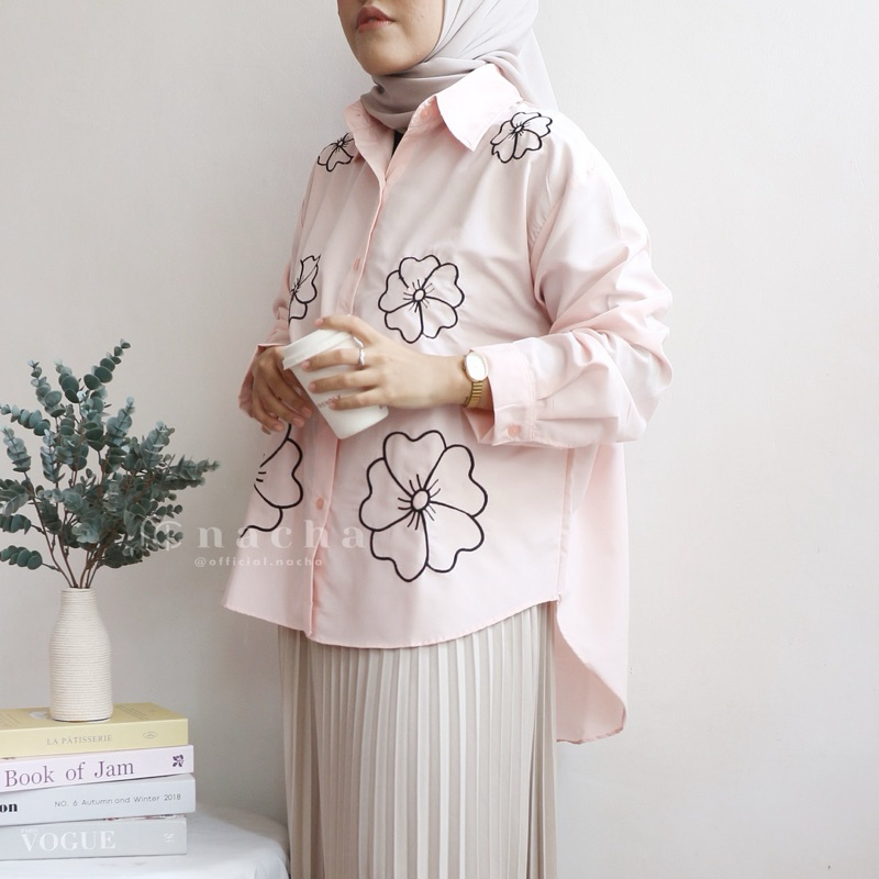 Nacha - Shana Shirt ( Kemeja Wanita Lengan Panjang Bordir Bunga Casual Formal Big Jumbo Size Warna P