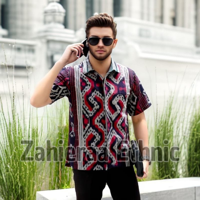 Baju Atasan Kemeja Batik Tenun Pria Casual Lengan Pendek - Kemeja Tenun Pria Lengan Pendek Kekinian