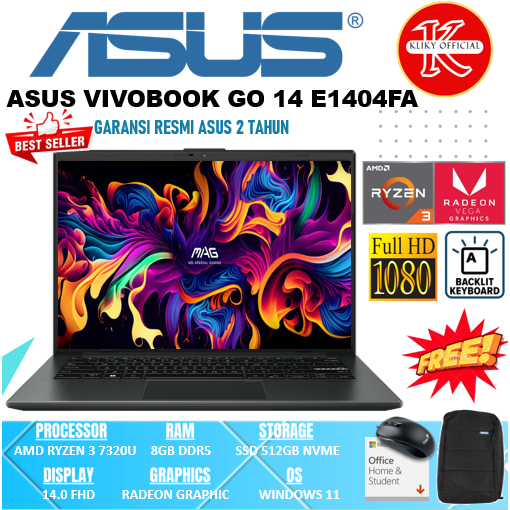 Laptop Asus Vivobook GO 14 AMD Ryzen 3 Ram 8Gb Ssd 512Gb Garansi Resmi Asus