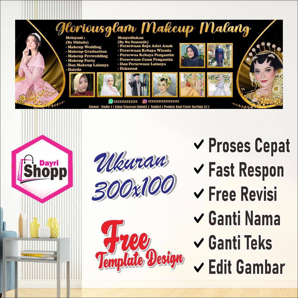 Size 300x100 Cm,Spanduk Banner Salon Makeup Weddding Gold Mewah Custom Design