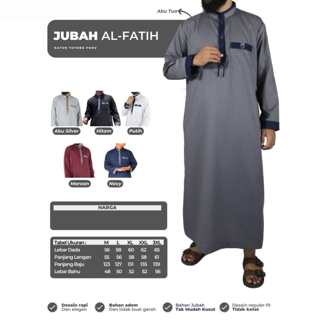Baju Gamis Jubah Pria Muslim Laki Dewasa Lengan Panjang Al Fatih Bahan Toyobo