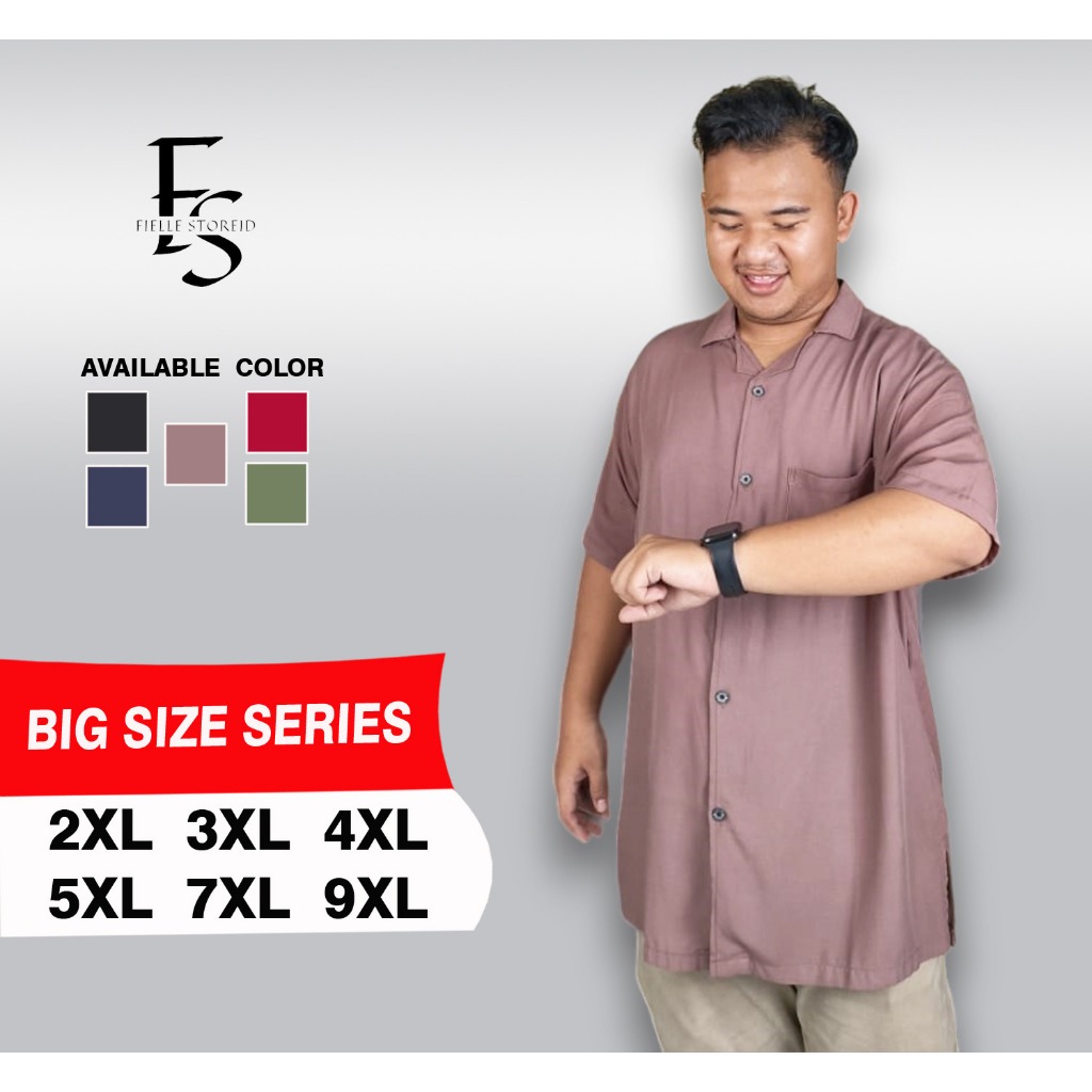 FIELLE Kemeja Pria Jumbo  Polos Lengan Pendek Hawai Katun Rayon Big Size