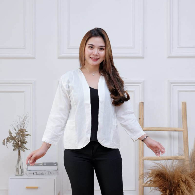 BLAZER WANITA LENGAN PANJANG OUTER CARDIGAN POLOS LINEN HITAM PUTIH MURAH