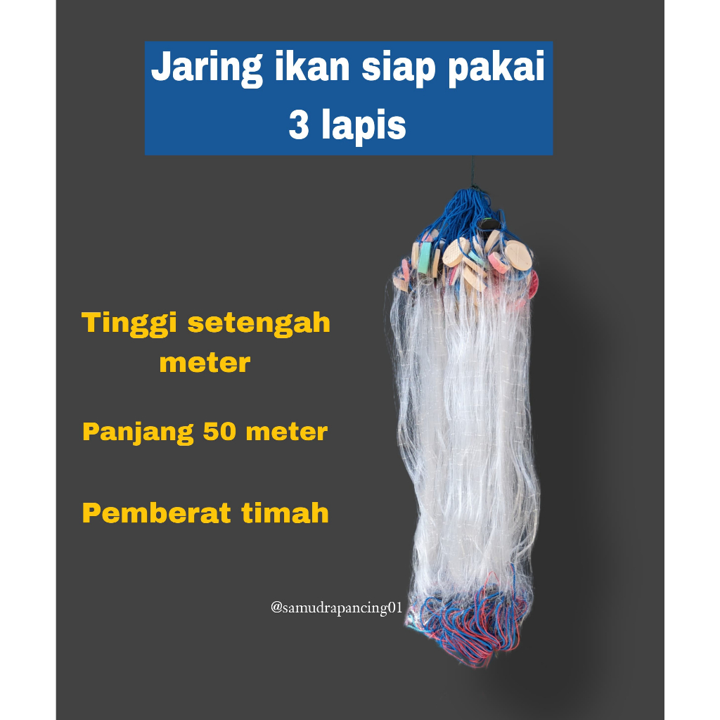 Jaring Ikan Siap Pakai 3 Lapis Tinggi Setengah Meter Panjang 50m Pemberat Timah Jaring Ikan Murah Ja