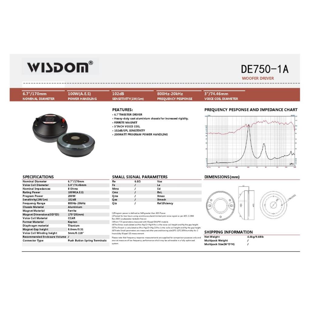 Driver Wisdom DE750-1A / DE 750 1 A / DE 750 - 1 A Component Driver Speaker Tweeter Speaker Original