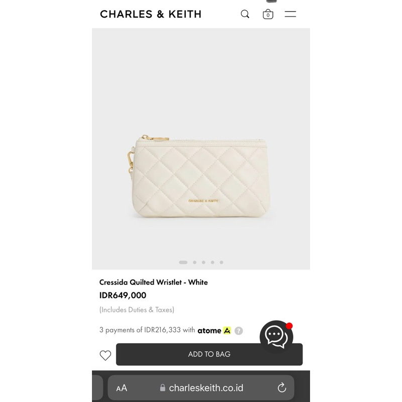 Cressida Quilted Wristlet White Dompet CK Charles & Keith ORI Termurah
